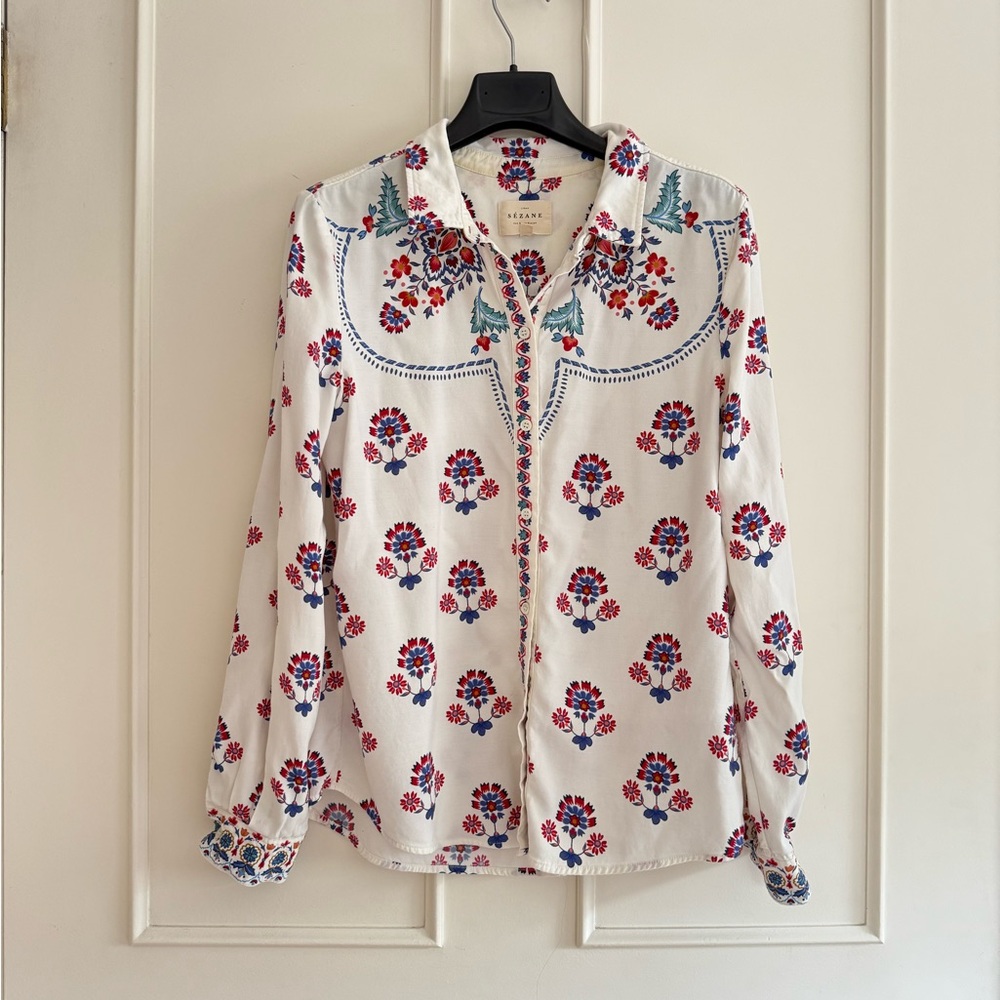Sézane White Button-Down Shirt with Red & Blue Floral Print